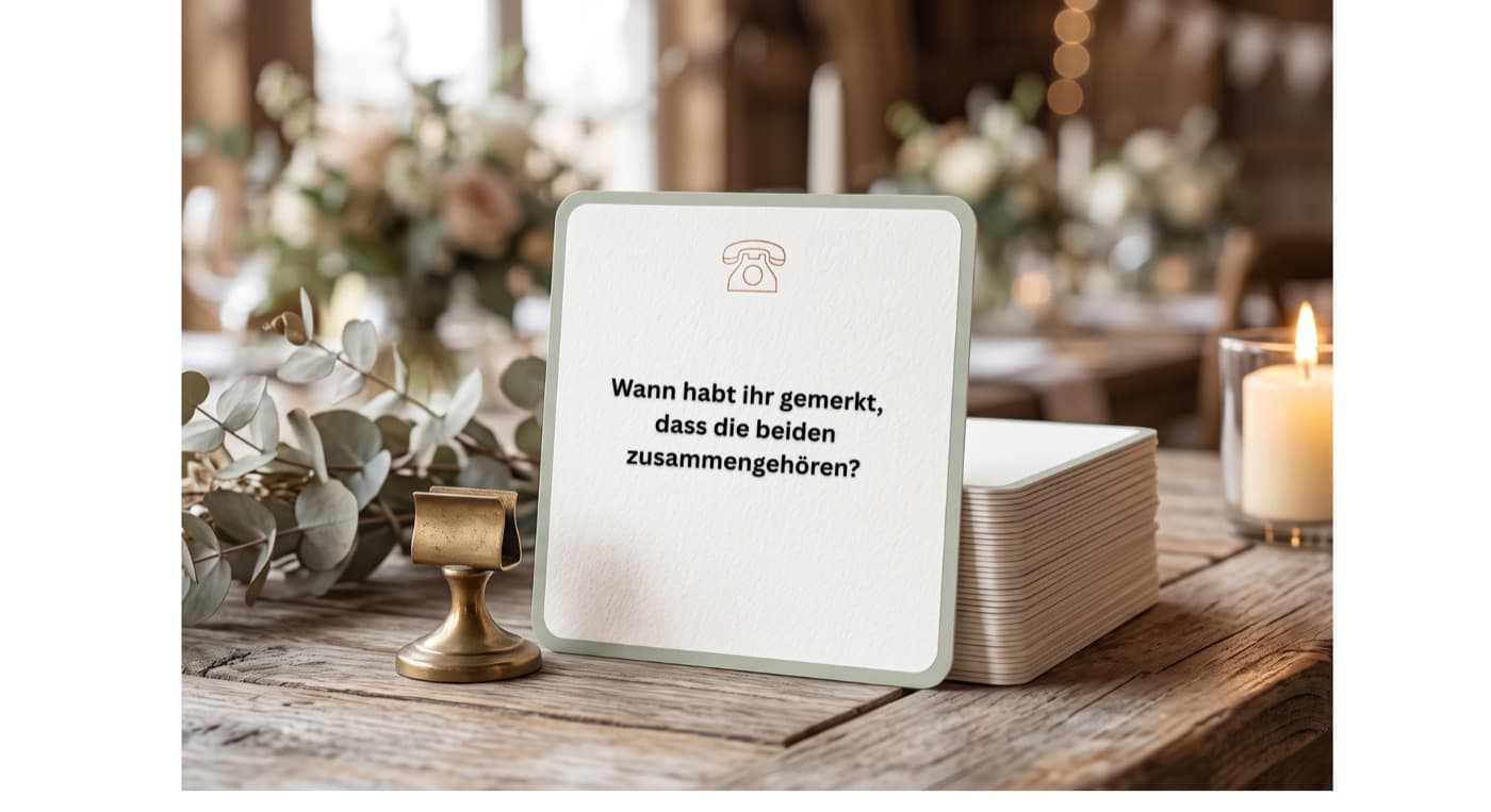 Impulskarte aus Naturpapier mit der Frage „Wann habt ihr gemerkt, dass die beiden zusammengehören?“, daneben ein Stapel weiterer Karten auf einem Holztisch mit Eukalyptus und Kerze.