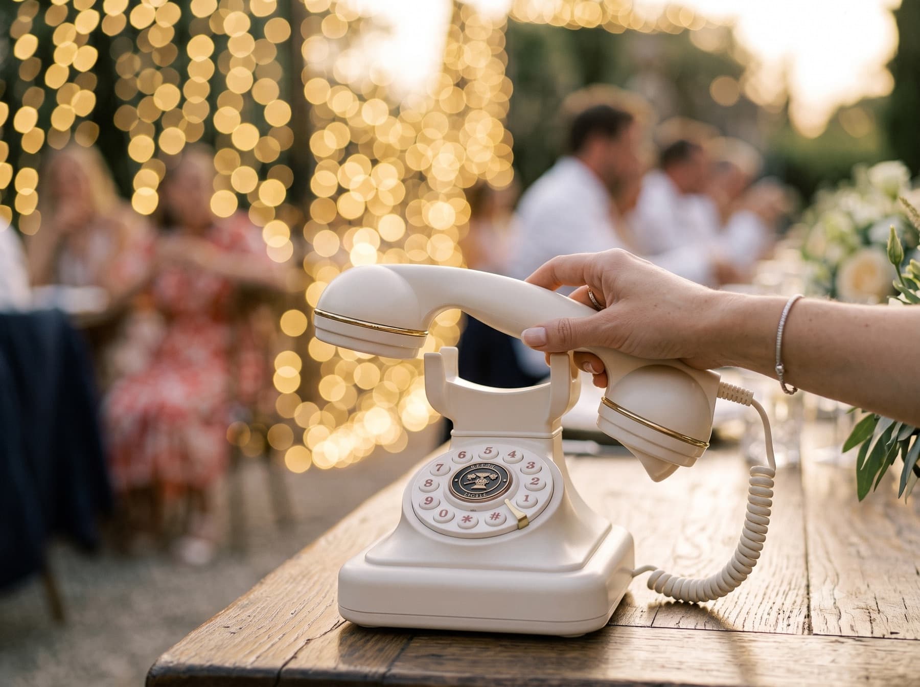 Eine Hand hebt den cremefarbenen Retro-Telefonhörer des Audiogästebuchs ab, im Hintergrund festliche Lichterketten und Gäste an einer Hochzeitstafel.